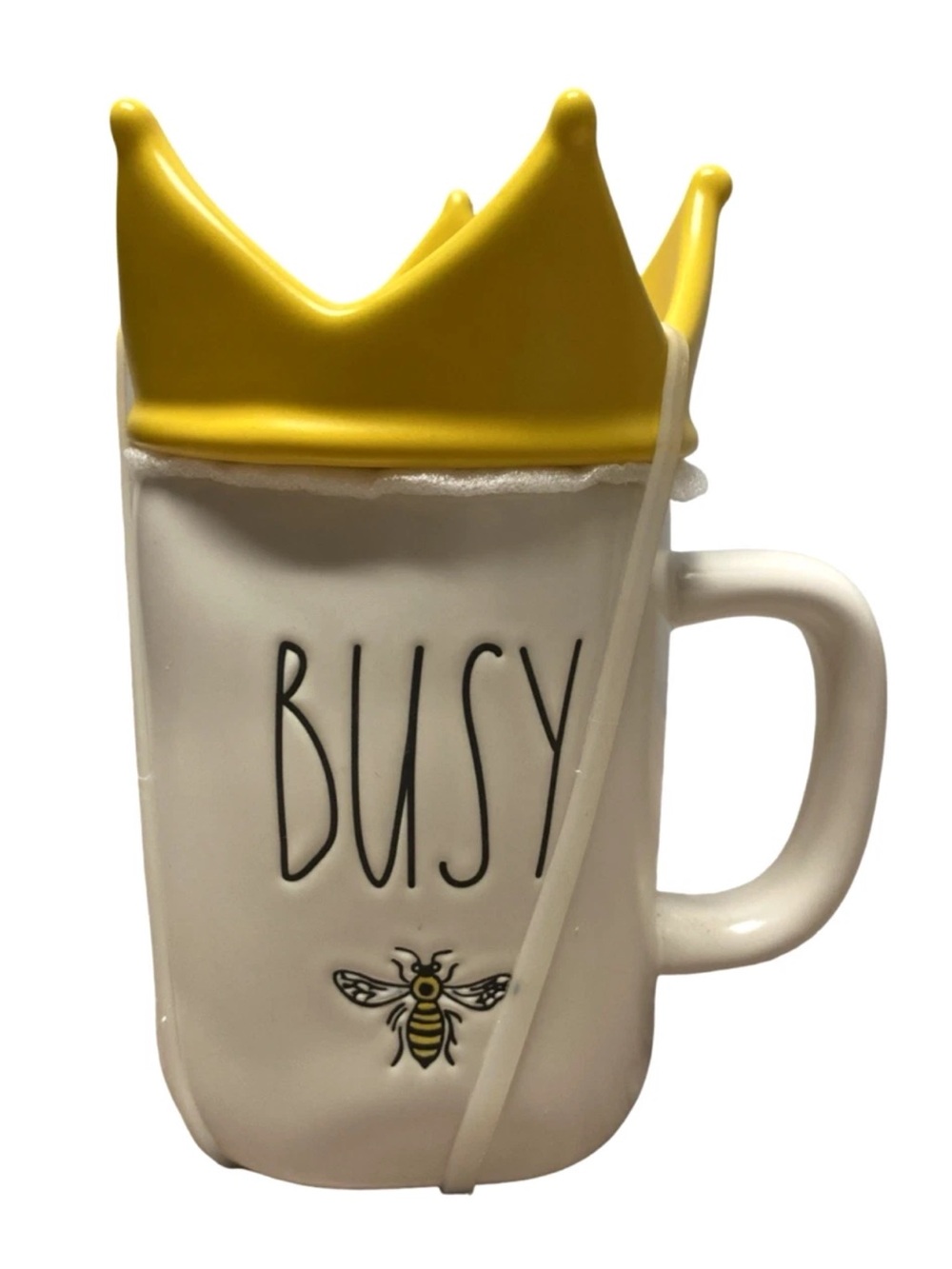 Rae Dunn White 'BUSY' Bee Mug with Yellow Crown Lid